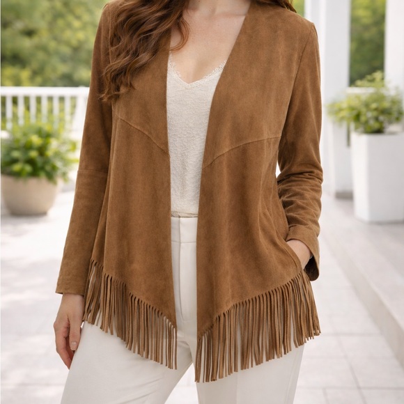 Renee C. Jackets & Blazers - Renee C. Tan Suede Fringe Open-Front Jacket